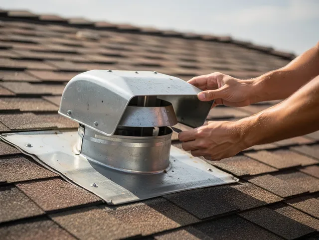 Rossmoor Dryer Vent Cleaning certified technician safely cleaning a roof-mounted dryer vent in Rossmoor