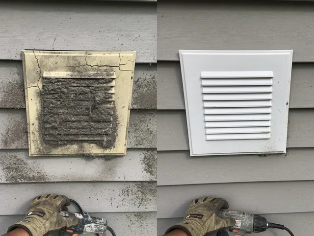 Rossmoor Dryer Vent Cleaning technician installing high-quality dryer vent cover at a residential property in Rossmoor