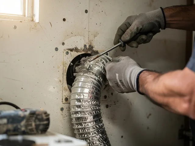 Rossmoor Dryer Vent Cleaning technician performing precise dryer vent hose installation in Rossmoor